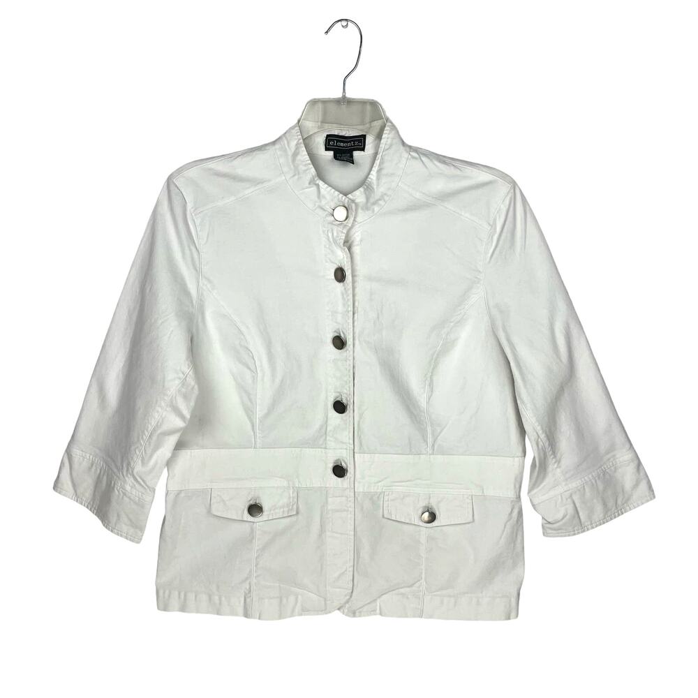 ELEMENTZ White Cotton Military Style BandCollar Light‎ Wash Denim Jean Jacket XL